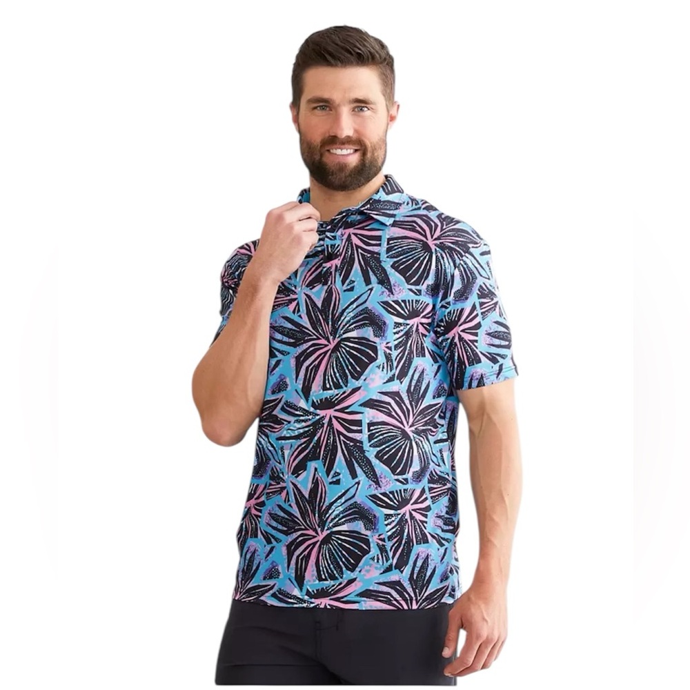 Flomotion Men’s Funky Floral Performance Stretch Polo Black, Blue‎ & Pink Size L
